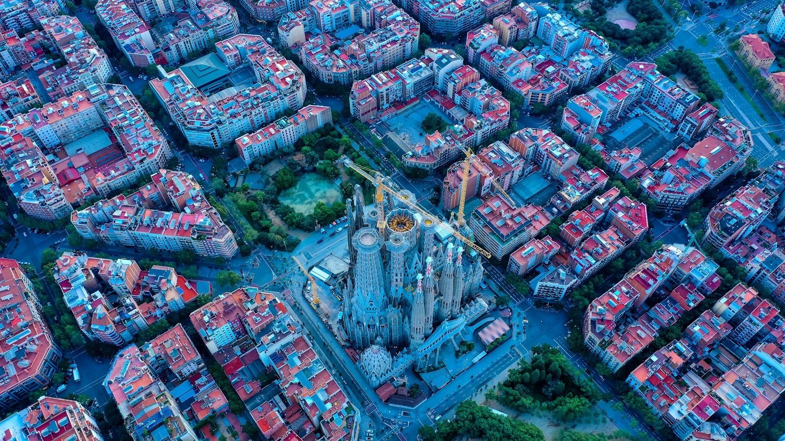 Barcelona's Eixample grid and the Sagrada Família from the air