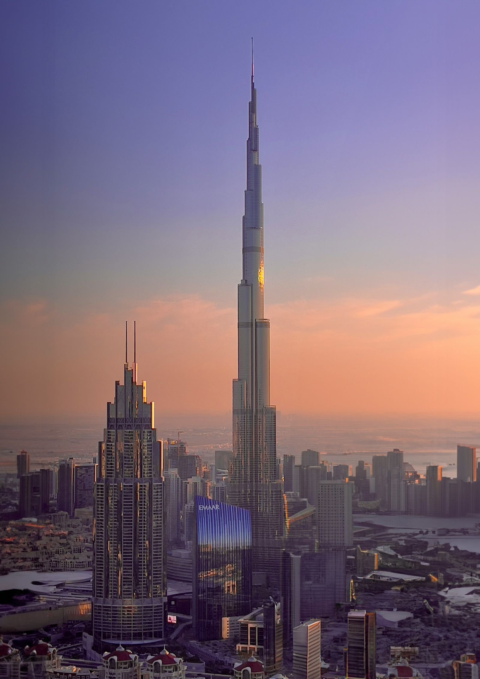 The Dubai skyline and Burj Khalifa at sunset