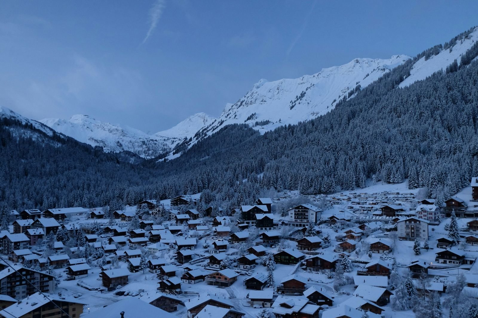A snow-covered Alpine village in winter
