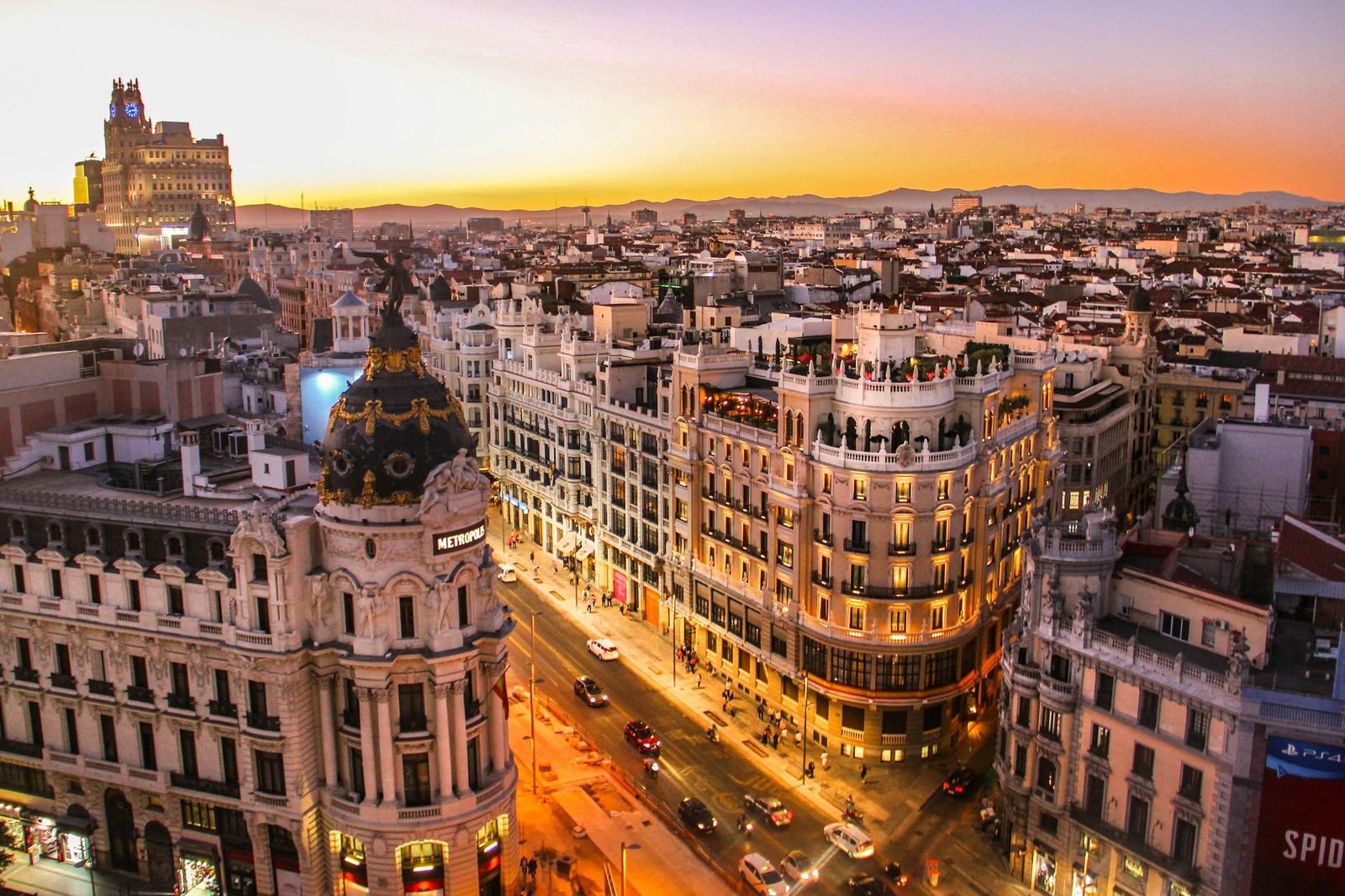 The Gran Vía in Madrid at sunset, seen from above