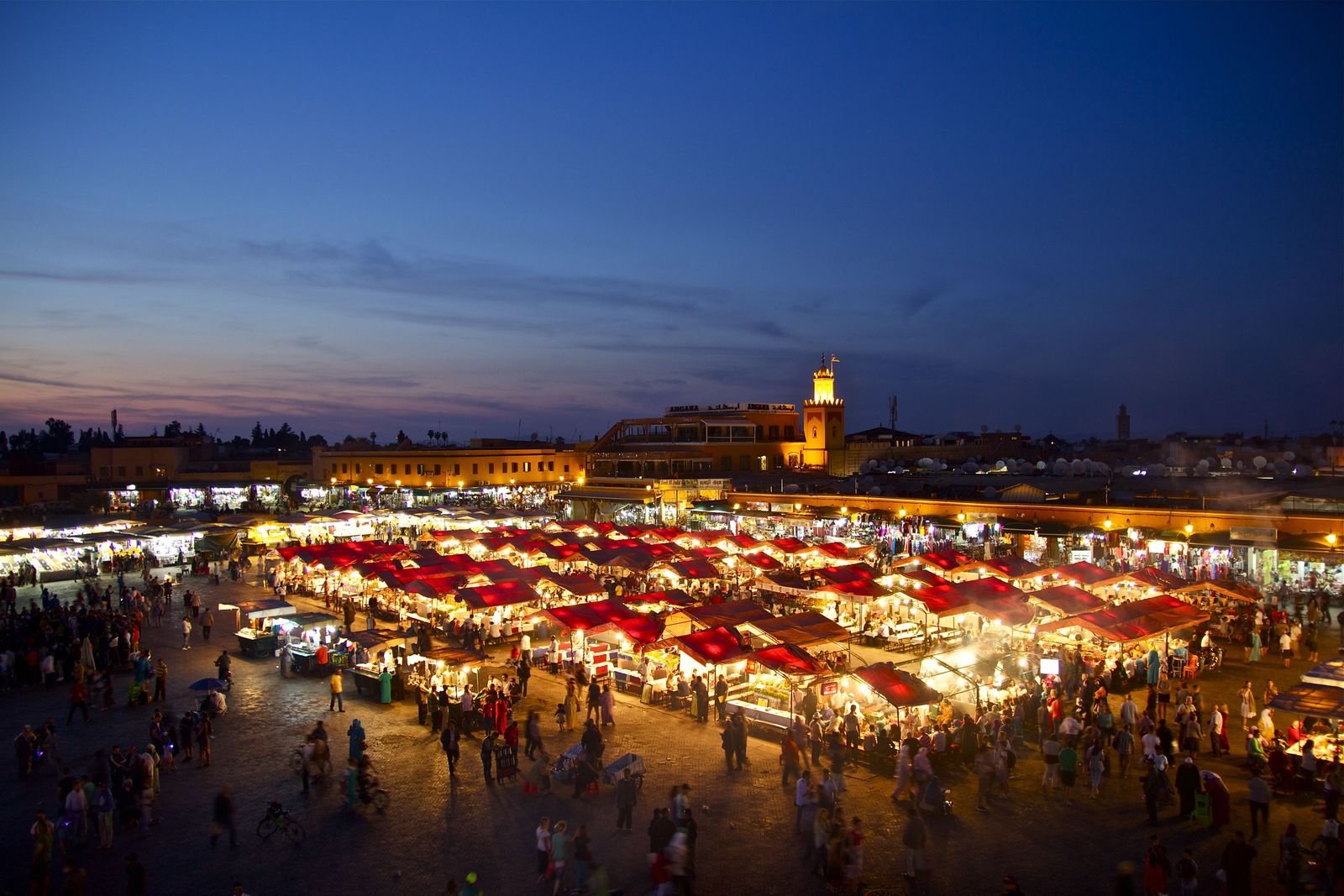 Jemaa el-Fnaa square in Marrakech at dusk